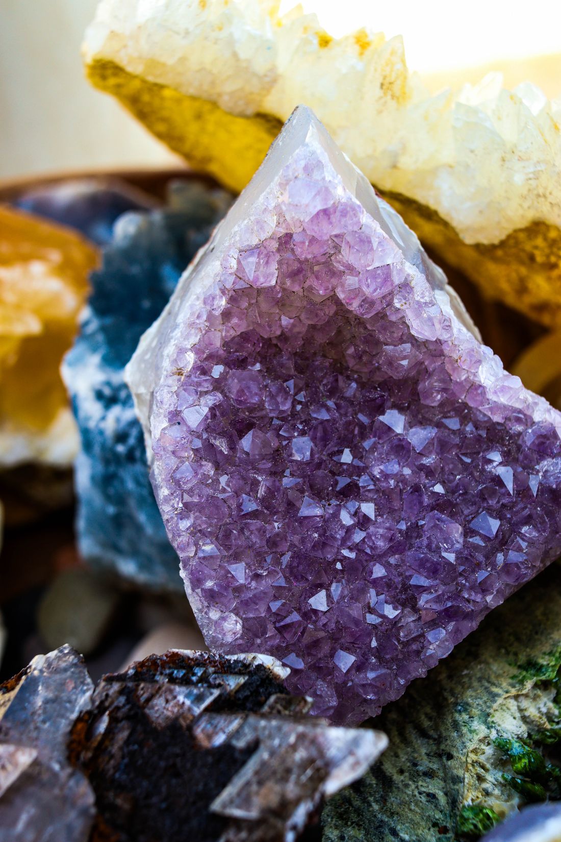Close view of a violet amethyst crystal cluster